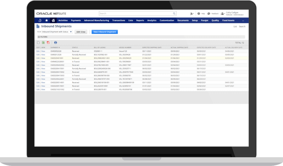 NetSuite Inbound shipment status dashboard