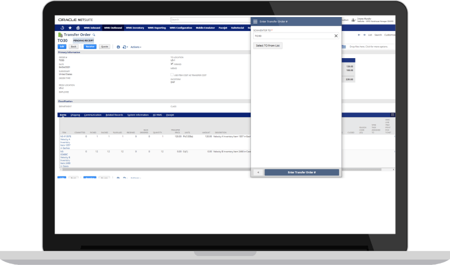 NetSuite transfer order dashboard